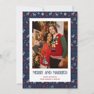 Blue Ugly Sweater Married and Merry Photo Julkort