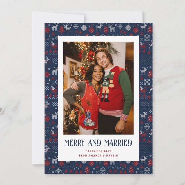 Blue Ugly Sweater Married and Merry Photo Julkort (Framsida)
