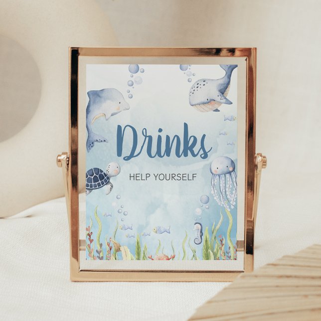 Blue Under the Sea Baby Shower Drinks Sign Poster (Under the Sea Baby Shower Sign)