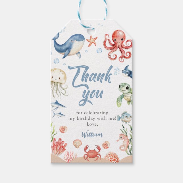 Blue Under The Sea Ocean Animals Birthday Presentetikett (Framsidan)