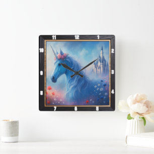 Blue Unicorn Castle Dream Fyrkantig Klocka