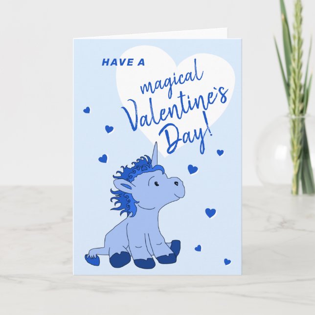 Blue Unicorn Heart Kids Classroom Valentine's day Helgkort (Framsida)
