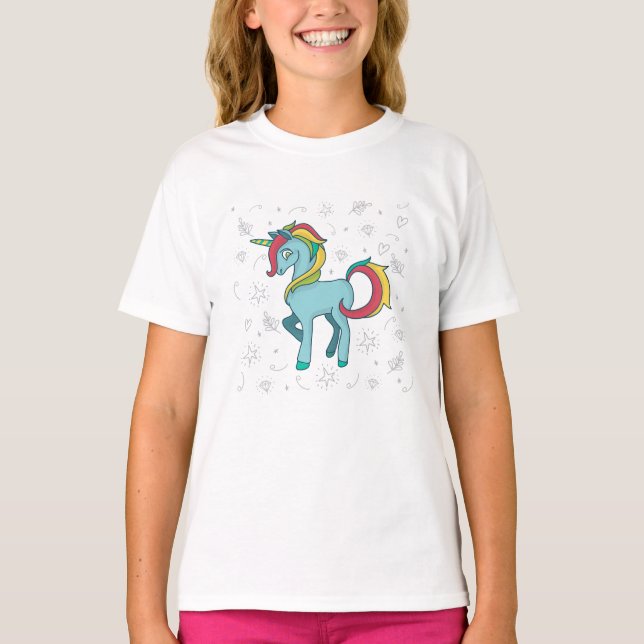 Blue Unicorn med Doodles T Shirt (Framsida)