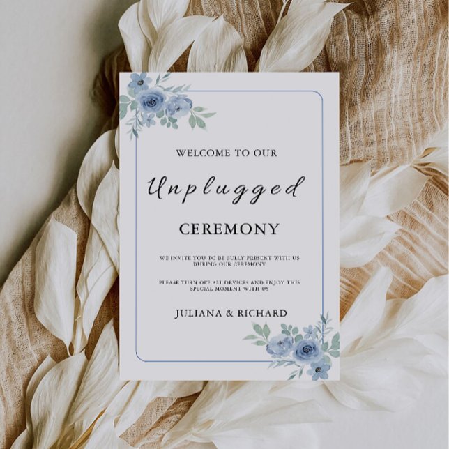 Blue Unplugged Ceremony Bröllop Sign. Inbjudningar (Blue Unplugged Ceremony Wedding Sign, Invitation)