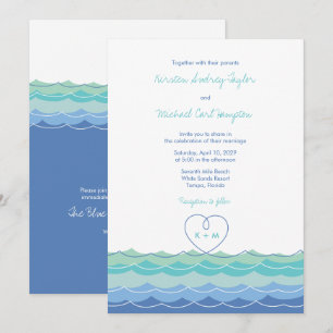 Blue Vågar Modern Loopy Heart Beach Wedand Inbjuda Inbjudningar