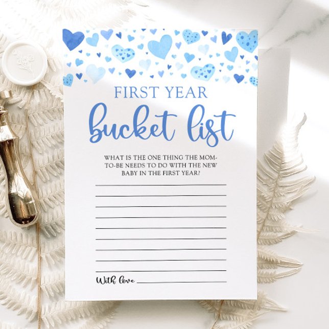 Blue Valentine Baby Shower Första Årets Bucketlist Inbjudningar (Watercolor Blue Hearts Valentine Sweetheart February Boy First Year Bucket List Baby Shower Game)