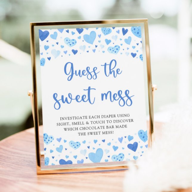 Blue Valentine Gissa det svenska  Baby-spelet Poster (Watercolor Cute Blue Hearts Valentine Sweetheart Boy  Guess the Sweet Mess Baby Shower Game Sign)