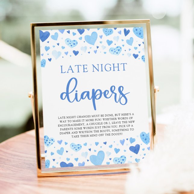 Blue Valentine Late Night Diaper Baby Shower Poster (Watercolor Cute Blue Hearts Valentine Sweetheart Baby Boy Late Night Diapers Baby Shower Game Sign)