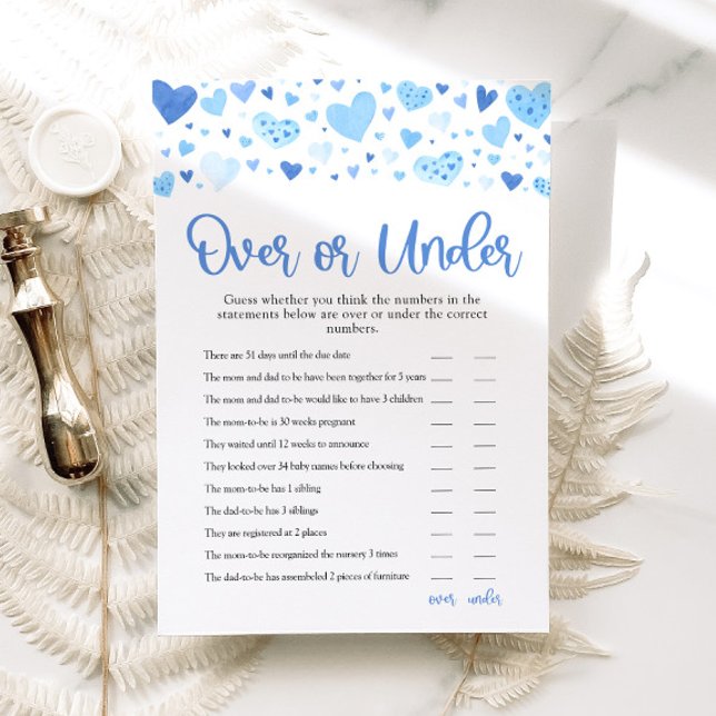 Blue Valentine over eller under Baby Shower Game Inbjudningar (Watercolor Cute Blue Hearts Valentine Sweetheart February Baby Boy Over or Under Baby Shower Game)