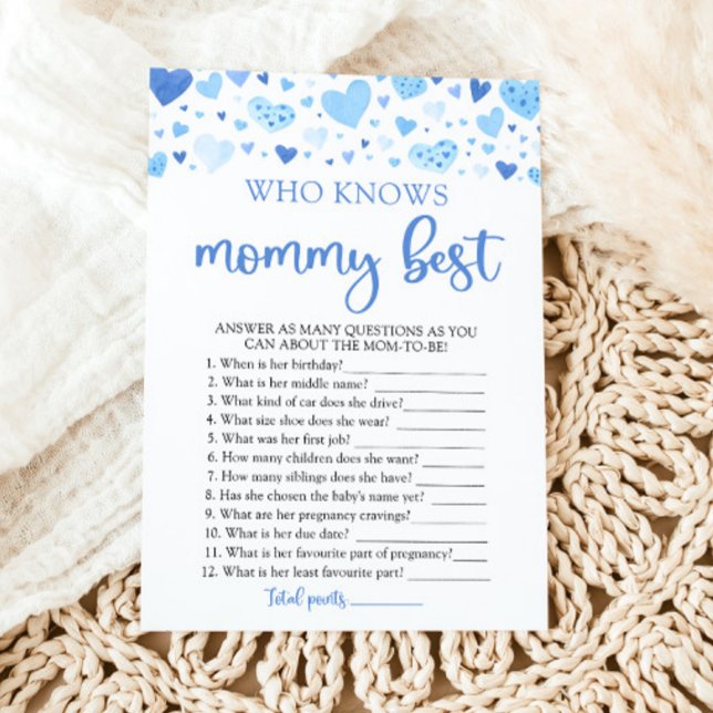Blue Valentine som känner Mamma Best Baby Shower Inbjudningar (Watercolor Cute Blue Hearts Valentine Sweetheart February Boy Who Knows Mommy Best Baby Shower Game)