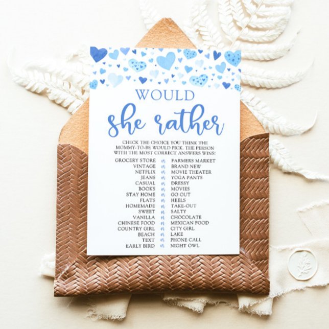 Blue Valentine Would She Rather Baby Shower-spel Inbjudningar (Watercolor Cute Blue Hearts Valentine Sweetheart February Boy Would She Rather Baby Shower Game)