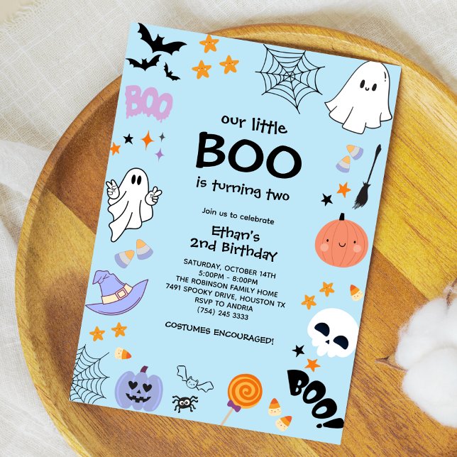 Blue Vår lilla Boo Boy Halloween 2:a födelsedagen Inbjudningar (Blue Our Little Boo Boy Halloween 2nd Birthday Invitation )