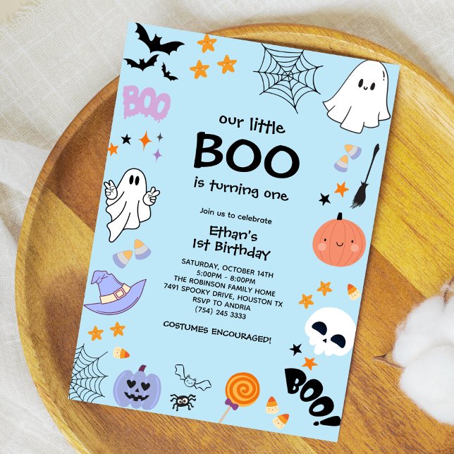 Blue Vår lilla boo Halloween 1:a födelsedag Inbjudningar (Blue Our Little Boo is Turning One Boy Halloween 1st Birthday Invitation )