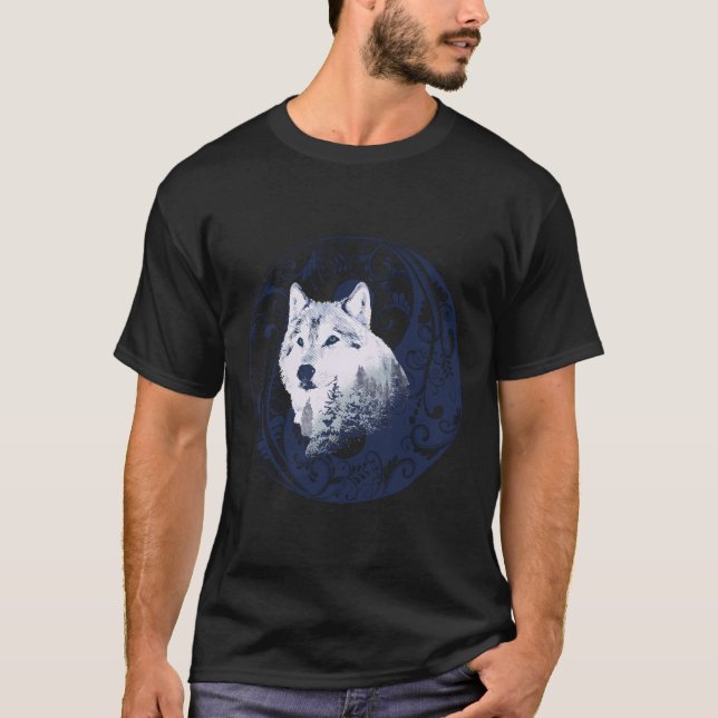 Blue Varg Yin Yang Mandala Forest Nature Art Desig T Shirt (Framsida)