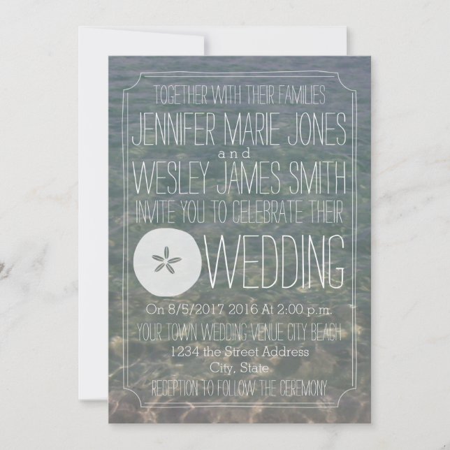 Blue Vatten + Sand Dollar Modern Beach Wedand Inbjudningar (Framsida)