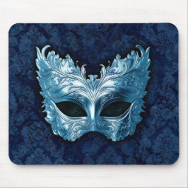Blue Venetian Mask on Blue Damask Background Musmatta