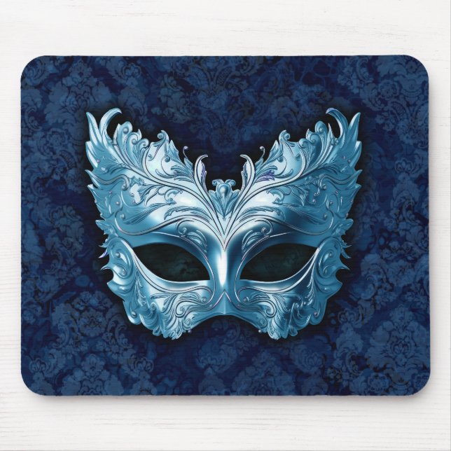 Blue Venetian Mask on Blue Damask Background Musmatta (Framsidan)