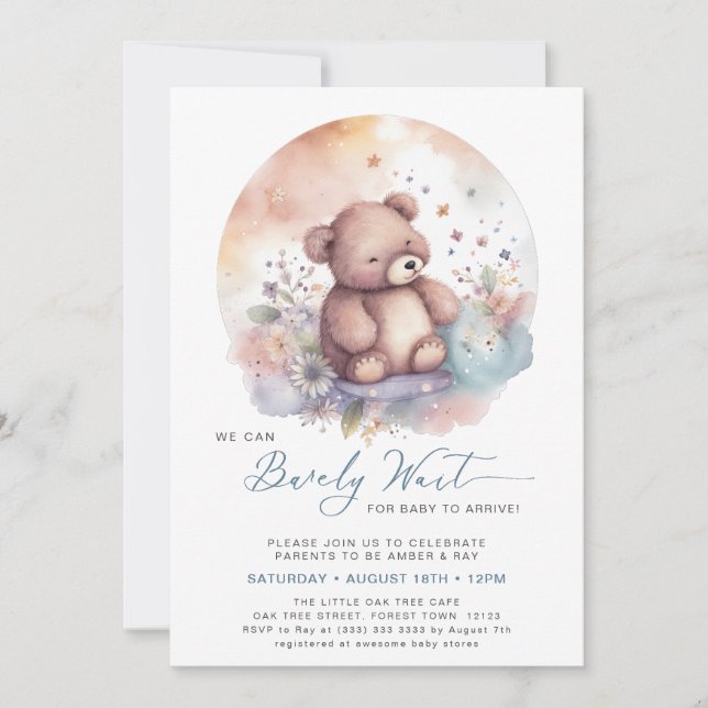 Blue Vi kan bota vänta Bear Boy Baby Shower Inbjudningar (Framsida)