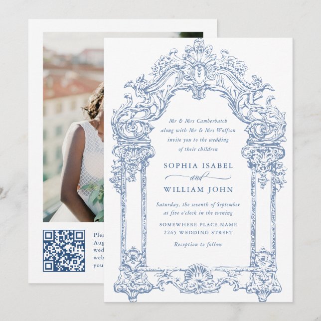 Blue Victorian Ornate Grace Blommigt Bröllop QR-ko Inbjudningar (Fram/baksida)