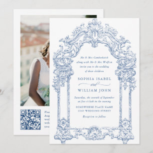 Blue Victorian Ornate Grace Blommigt Bröllop QR-ko Inbjudningar