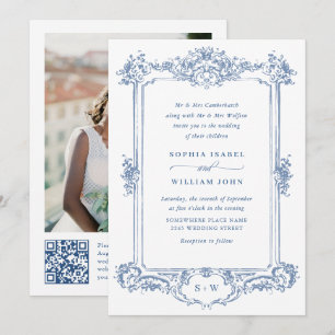Blue Victorian Ornate Grace Blommigt Bröllop QR-ko Inbjudningar