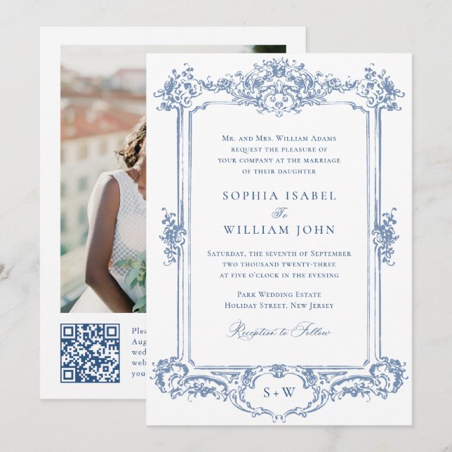 Blue Victorian Ornate Grace Blommigt Bröllop QR-ko Inbjudningar (Fram/baksida)