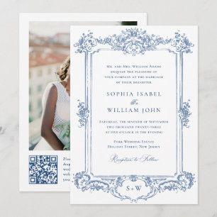 Blue Victorian Ornate Grace Blommigt Bröllop QR-ko Inbjudningar