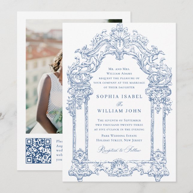 Blue Victorian Ornate Grace Blommigt Bröllop QR-ko Inbjudningar (Fram/baksida)