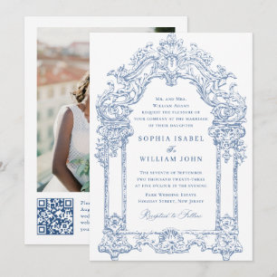 Blue Victorian Ornate Grace Blommigt Bröllop QR-ko Inbjudningar