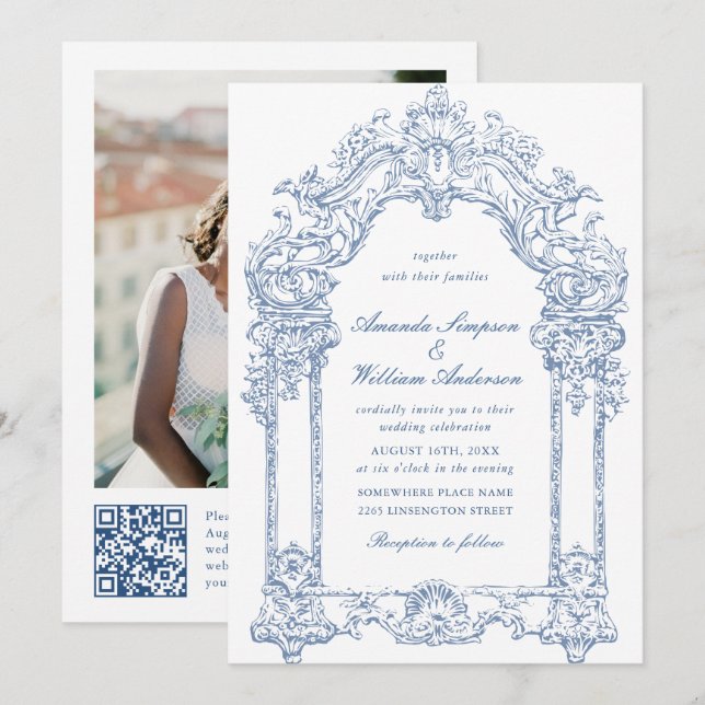 Blue Victorian Ornate Grace Blommigt Bröllop QR-ko Inbjudningar (Fram/baksida)