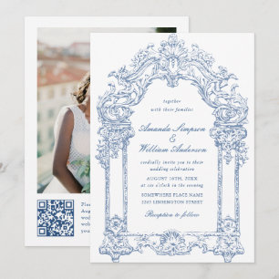 Blue Victorian Ornate Grace Blommigt Bröllop QR-ko Inbjudningar