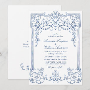 Blue Victorian Ornate Grace Blommigt Fransk Bröllo Inbjudningar