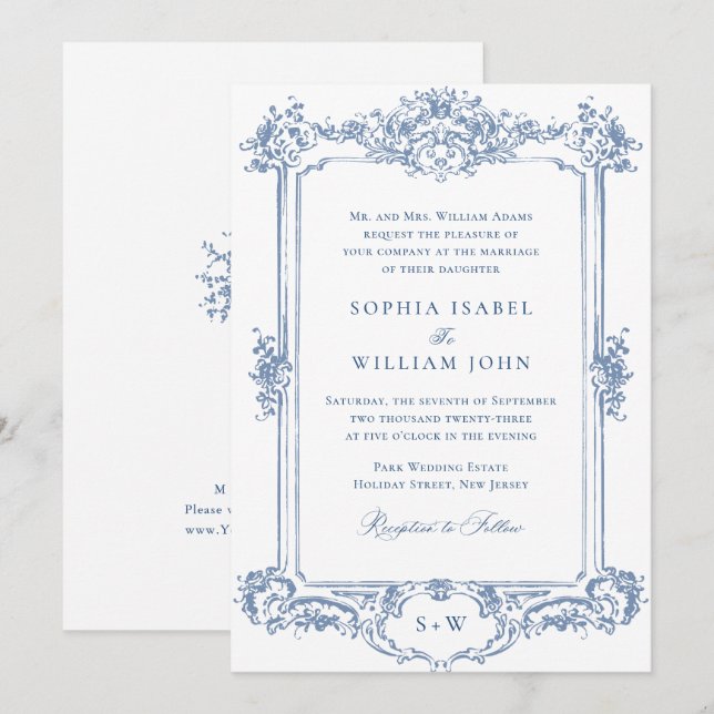 Blue Victorian Ornate Grace Blommigt Ram Bröllop Inbjudningar (Fram/baksida)