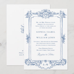 Blue Victorian Ornate Grace Blommigt Ram Bröllop Inbjudningar