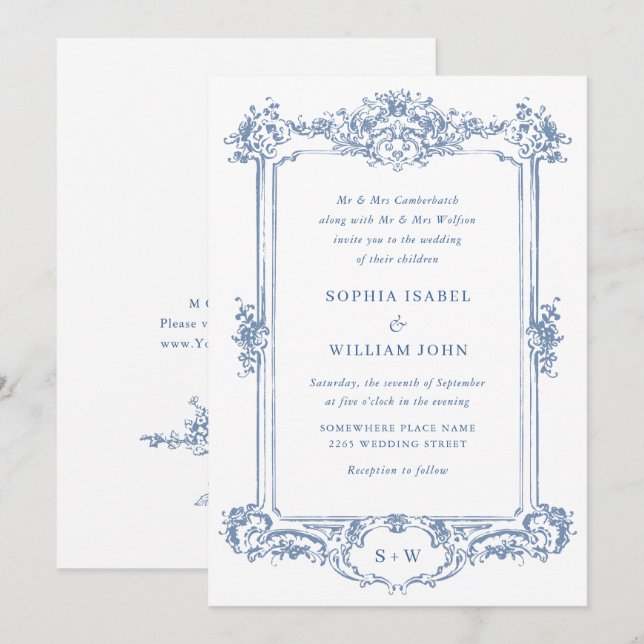 Blue Victorian Ornate Grace Blommigt Ram Bröllop Inbjudningar (Fram/baksida)