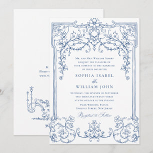 Blue Victorian Ornate Grace Blommigt Ram Bröllop Inbjudningar