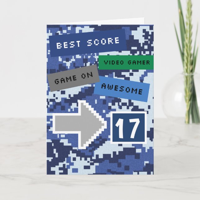 Blue Video Gamer 17:e födelsedagskortet Kort (Framsida)