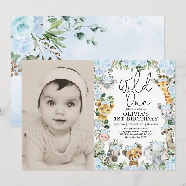 Blue Vild One Jungle Safari Girl Birthday Photo Inbjudningar (Fram/baksida)