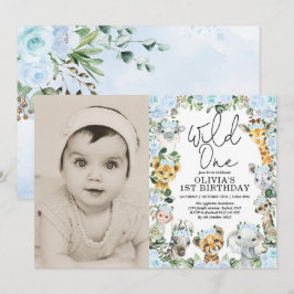 Blue Vild One Jungle Safari Girl Birthday Photo Inbjudningar
