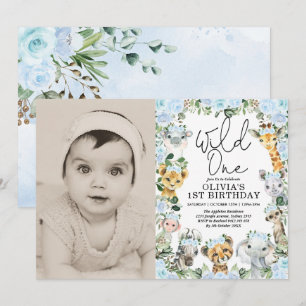 Blue Vild One Jungle Safari Girl Birthday Photo Inbjudningar