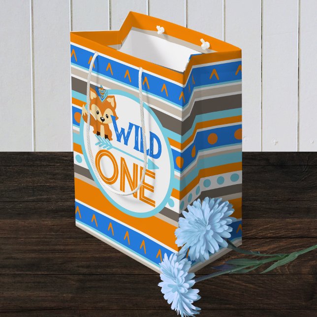 Blue Vild One Woodland Fox 1st Birthday Gift Bag (Wild One Forest Fox 1st Birthday Medium Gift Bag )