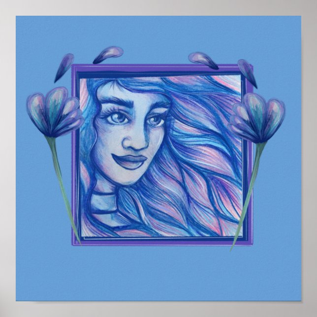 Blue Vind Goddess Blommigt Goddesses Windy Art Poster (Framsidan)