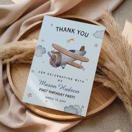 Blue Vintage Airplane First Birthday Thank You Tack Kort