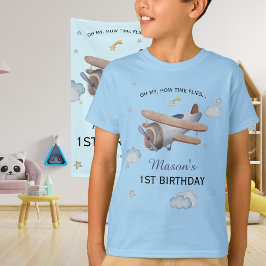 Blue Vintage Airplane Time Flies 1st Birthday T Shirt