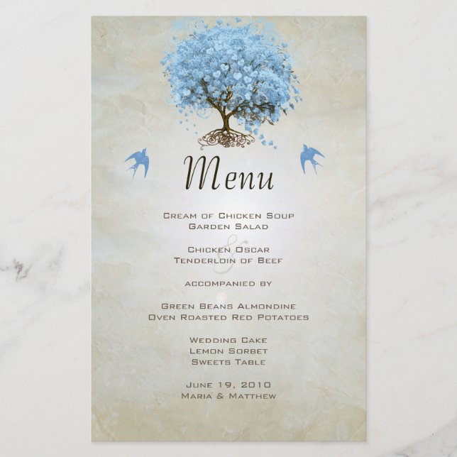 Blue Vintage Bird Heart Löv Träd Bröllop Menu (Framsida)