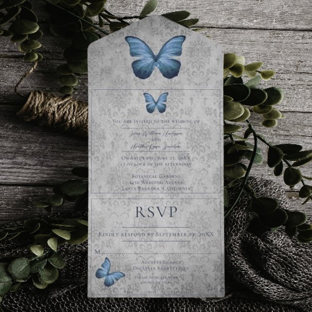 Blue Vintage Butterfly Damask Wedding (Blue Vintage Butterfly Damask Wedding All in One Invitation)