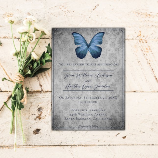 Blue Vintage Butterfly Damask Wedding Inbjudningar (Blue Vintage Butterfly Damask Wedding Invitation)