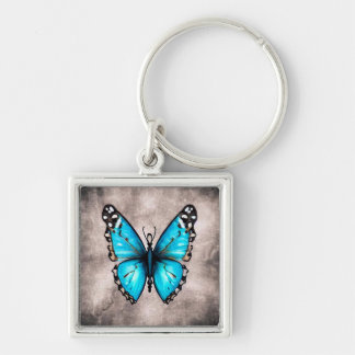Blue Vintage Butterfly Fyrkantig Silverfärgad Nyckelring