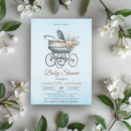 Blue Vintage Classic Boy Baby Shower Inbjudningar