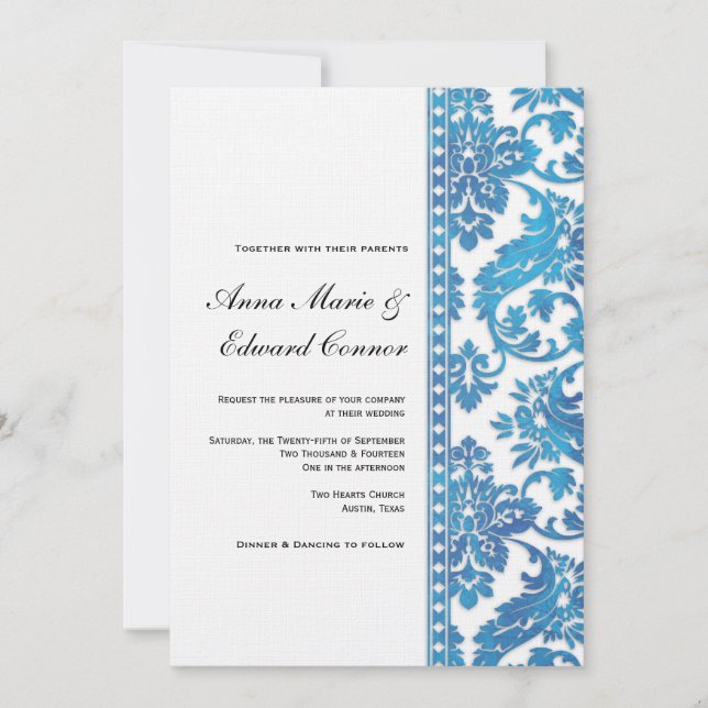 Blue Vintage Damask Snöre Bröllop Inbjudningar (Framsida)